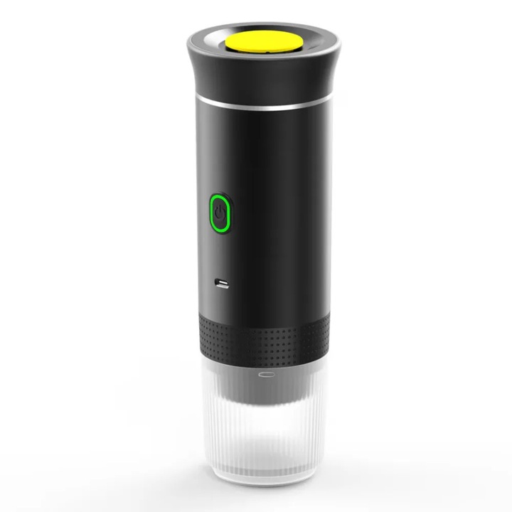 Hordozható eszpresszógép, Nespresso, Dolce Gusto vagy őrölt kávéval kompatibilis, 72 W teljesítmény, 2500 mAh akkumulátor, USB töltés, méretek 83X83X245 MM, szín: Fekete ABYZ™