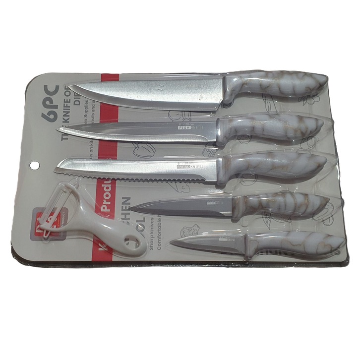 Комплект от 5 ножа, 1 белачка, неръждаема стомана, бели дръжки със златни мраморни детайли