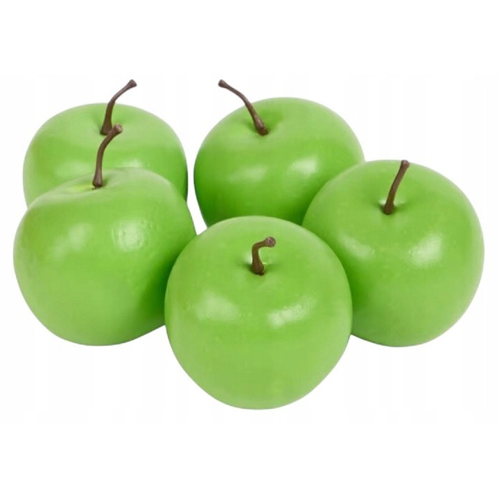 Комплект от 5 изкуствени зелени ябълки, размер 6,5x6 см, висококачествена пластмаса