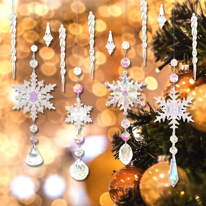 Set de ornamente cristaline pentru brad, RIRIDAMAI, 12 bucati, fulgi de zapada, acrilic, transparent