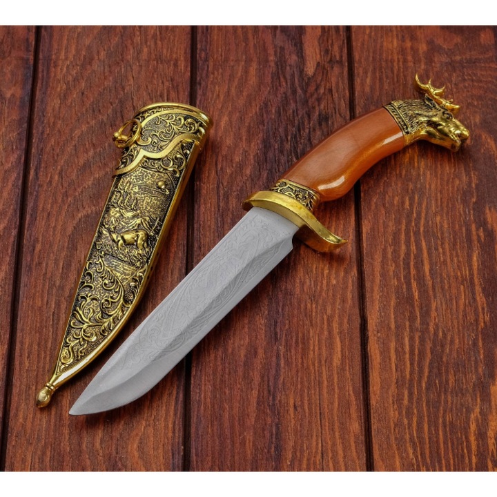 Cutit Decorativ cu Teaca Sculptata din metal si Maner din Lemn, Cap de Cerb, Lama Neascutita, Design Vintage, Element de Colectie sau Cadou pentru Pasionati 32 cm