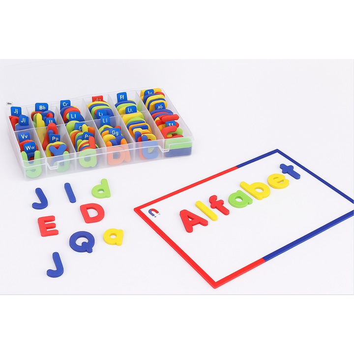 Set educativ Bedex® cu litere magnetice – 104 piese litere mari si mici, tabla scris, marker si burete, alfabetar magnetic colorat pentru copii