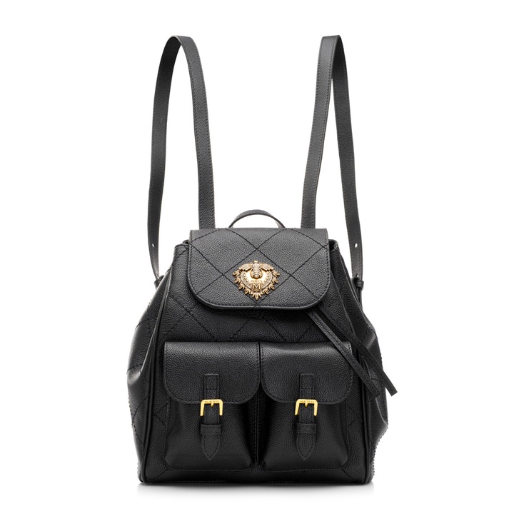 Rucsac dama, Musette, SAIGON MATLASAT, Piele naturala, Negru