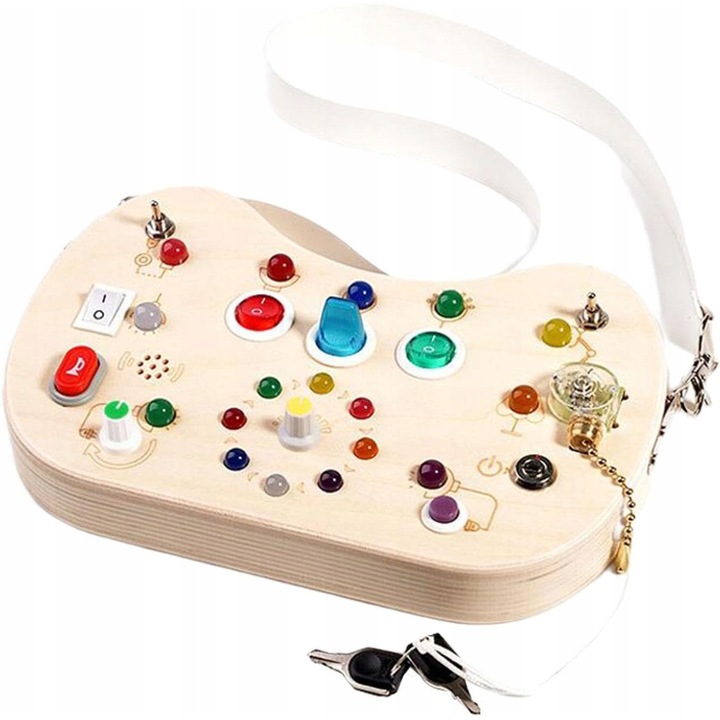 Дървена дъска, Сензорна играчка, Монтесори, 22x4.5x14 см, 2 батерии AA, интерактивни бутони, LED светлини, бяла, Включва: дъска, интерактивни елементи, дърво, пластмаса, Безопасни ръбове, Екологични бои