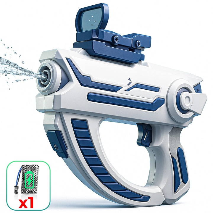 Pistol cu Apa Electric Timebox pentru Copii 4-6 Ani– Jucarie de Vara cu Tragere Automata, Vizor Tactic, Ideal pentru Joaca in Aer Liber, Usor de Folosit, Waterproof, Incarcare USB, Alb