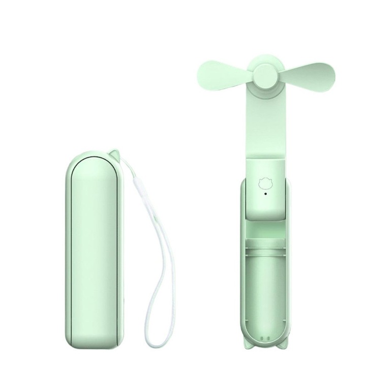 Вентилатор, 3 скорости, USB захранване и фенерче, малък размер, идеален за пътуване, зелен