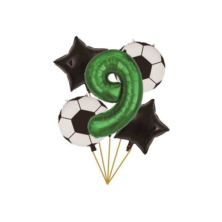 Set 5 baloane alb-negru-verde, cifra 9, fotbal, PPTZ5378-9
