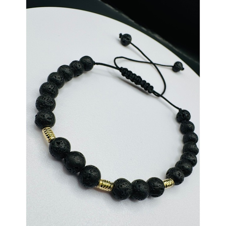 Bratara Unisex cu Pietre de Lava si 3 tuburi din Aur 14K, cu snur reglabil 15-25 cm