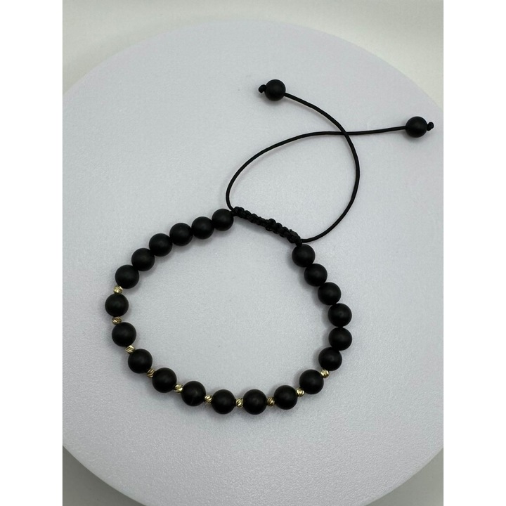 Bratara unisex din Onix mat si 10 bile din AUR 14K, pe snur reglabil 15-25cm