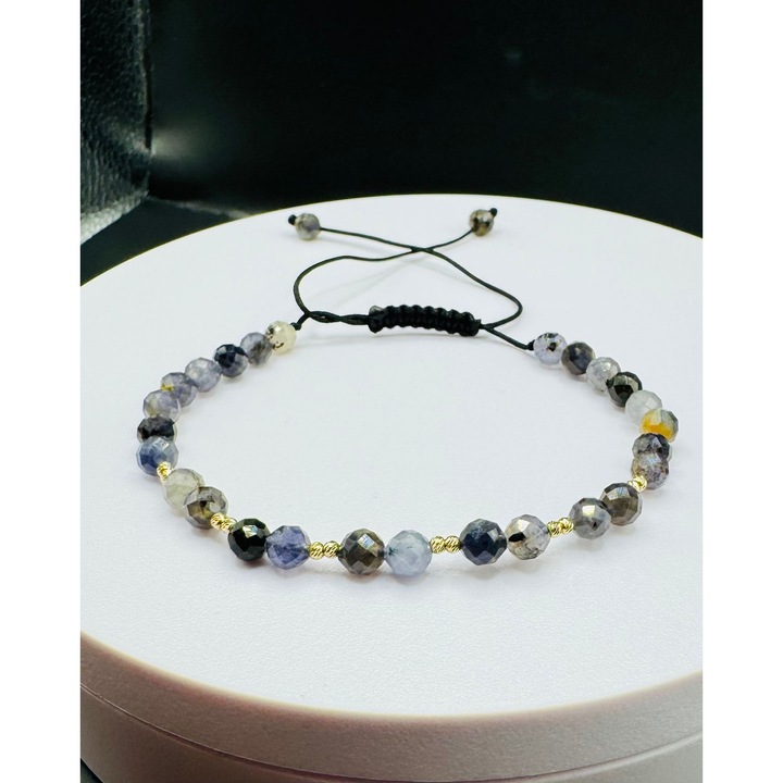 Bratara cu 12 bile de Aur 14k si pietre semipretioase Crisocola albastru, Pe snur reglabil 15-25cm