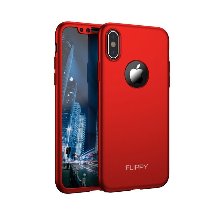 Husa és Védőfólia Készlet, Flippy, Kompatibilis Apple iPhone X-szel, Teljes 360°-os Borítás, Műanyag + Üveg, Piros