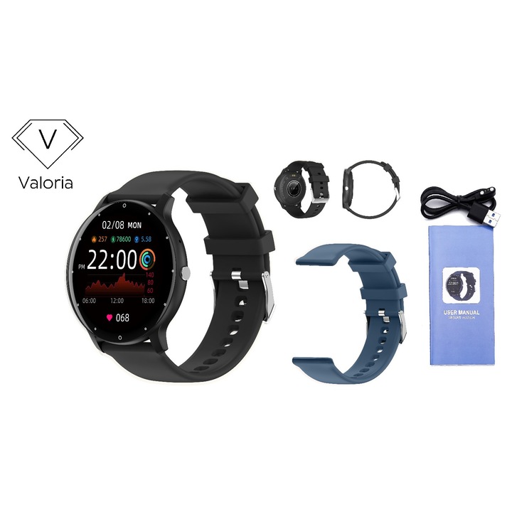 Okosóra, fitnesz karkötő, Valoria ZL02C PRO modell, hívások, mikrofon, hangszóró, értesítések/SMS/közösségi média, fizikai aktivitás figyelése, alvás, pulzusszám, lépésszámláló, zenelejátszó, vízálló, fekete + kék szíj
