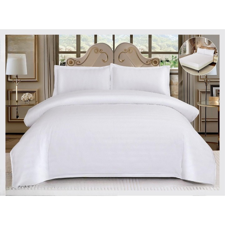 Set Lenjerie de pat, Damasc Elegant, pentru 2 persoane, 4 piese, Cearceaf de pat cu Elastic 180 x 200 cm, Cearceaf pilota 200 x 230 cm, 2 fete de perna 55 x 80 cm, UNI, Alb