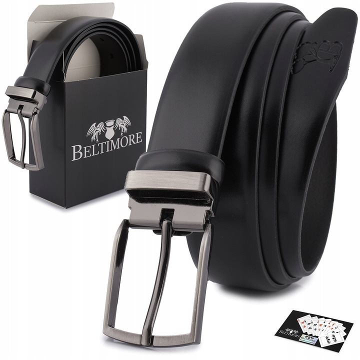 Curea barbati din piele naturala, model E39, 3,5 cm, neagra, set cu cutie