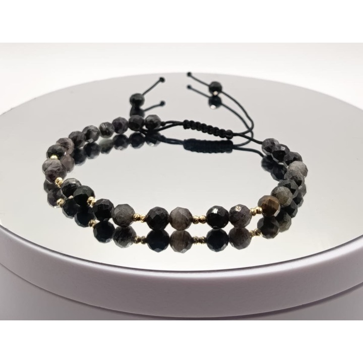 Bratara unisex cu 12 bile din aur si pietre semipretioase Ochi de Soim, pe snur reglabil 15-25cm