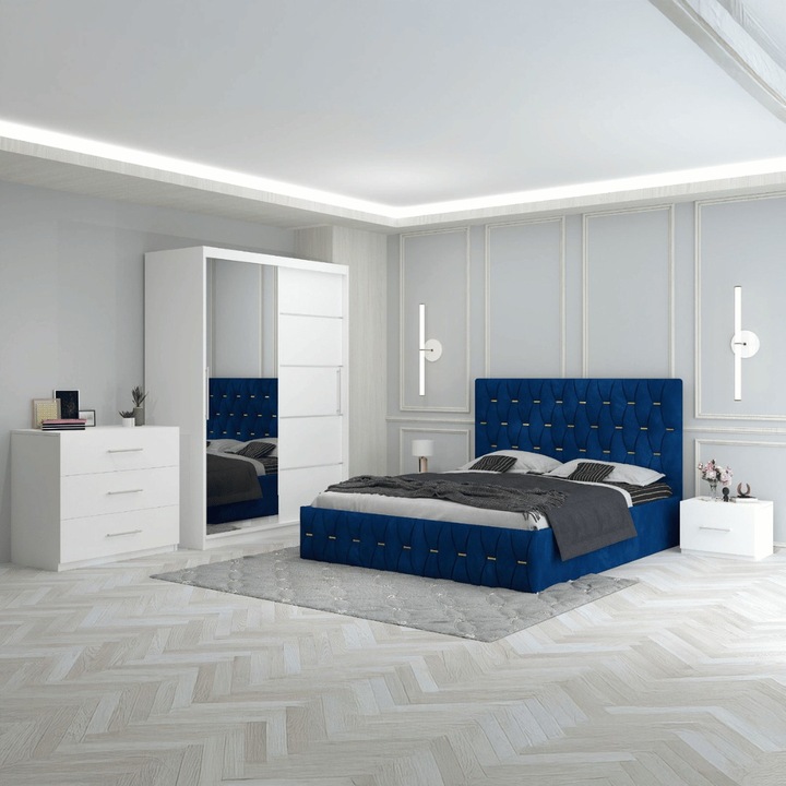 Dormitor Eric Albastru Celamob Pat Tapitat Dulap cu oglinda si Noptiere + Comoda 3 Sertare