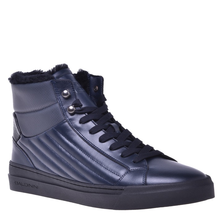 Baldinini, Pantofi sport mid-high din piele cu captuseala de blana, Albastru inchis