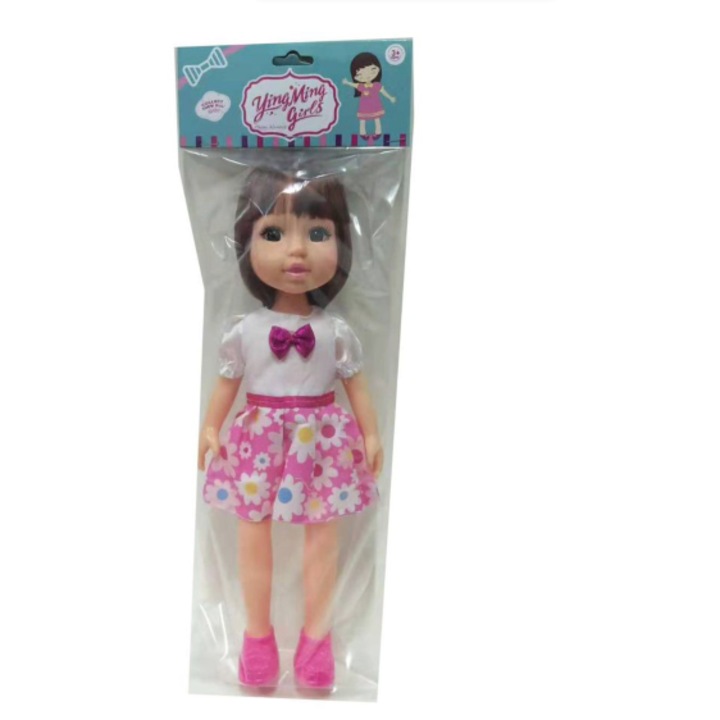 Baba ruhában, fehér masnis pólóban és rózsaszín szoknyában, lányos játék, 14 cm