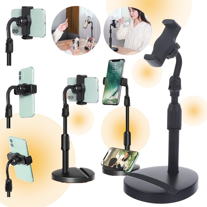 Állítható telefontartó vagy tablettartó, 360°-ban forgatható design, egyszerre képes táblagépet és mobiltelefont tartani, csúszásmentes, magasság 27cm-38cm, tabletekhez, okostelefonokhoz, teleszkópos mobiltelefontartó