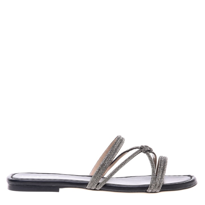 Baldinini, Papuci de piele slip-on cu strasuri si toc, Negru, 38