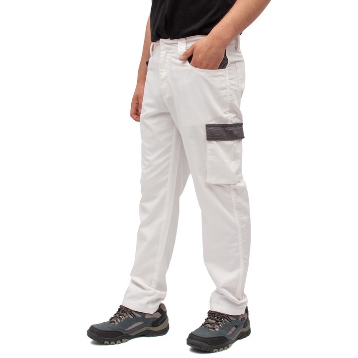 Pantaloni de lucru unisex confortabili pentru femei si barbati lungi pana la talie cu buzunare multifunctionale, alb, 3XL