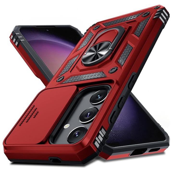 Husa pentru Samsung Galaxy A56 DaDen® Hybrid Armor Kickstand, Slider Camera, Antisoc, Protectie Superioara, Rosu