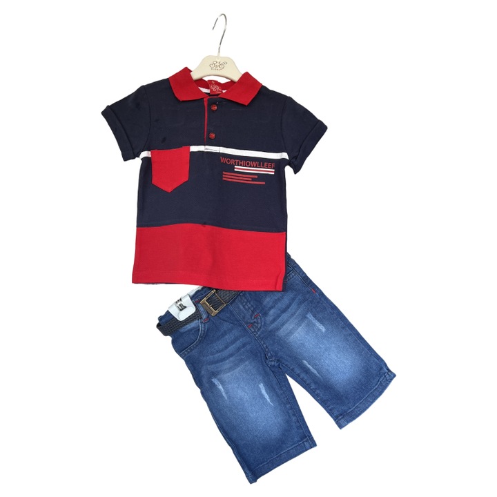 Compleu baieti tricou albastru-rosu si pantaloni scurti jeans