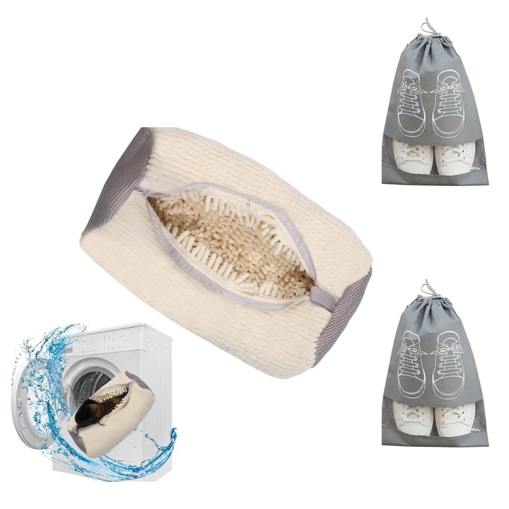Kit 1 Sac pentru Spalarea Incaltamintei, Inchidere Sigura, Reutilizabili, 2 Huse pentru protectie incaltaminte, QUANDES®, Crem