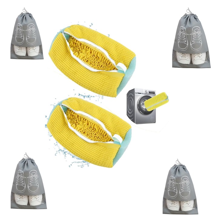 Kit 2 Saci pentru Spalarea Incaltamintei, Inchidere Sigura, Reutilizabili, 4 Huse pentru protectie incaltaminte, QUANDES®, Galben