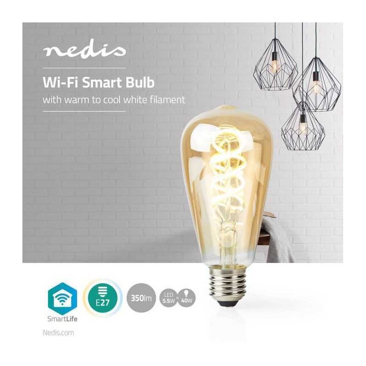Bec Wi-Fi Smart LED cu filament E27 ST64 5.5W 350lm 1800-6500K Nedis