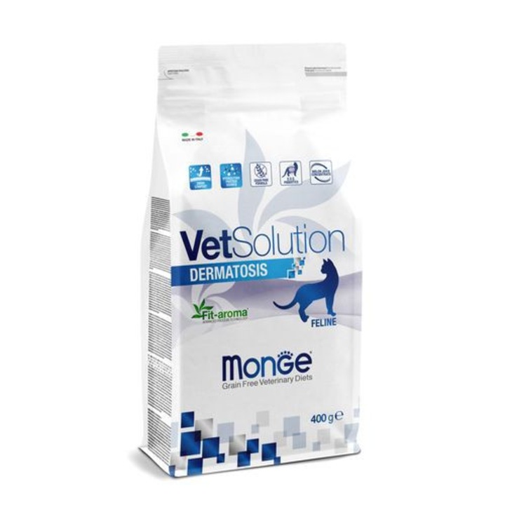 Hrana uscata dietetica pentru pisici, pentru sustinerea functiilor pielii in caz de dermatoza, Monge VetSolution Cat Dermatosis, 400g