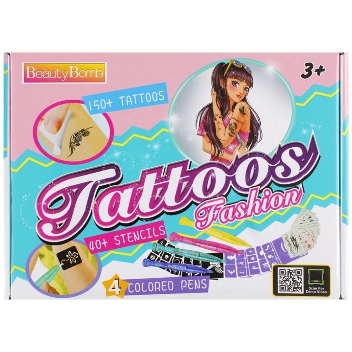 Set creativ pentru copii, tatuaje, 150 modele, 4 markere, 29x21x5cm