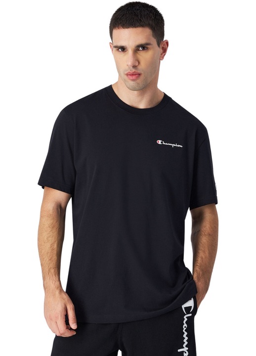 Champion férfi póló, fekete, pamut, standard szabású, jelvénnyel a mellkason és a bal ujjon, XL INTL