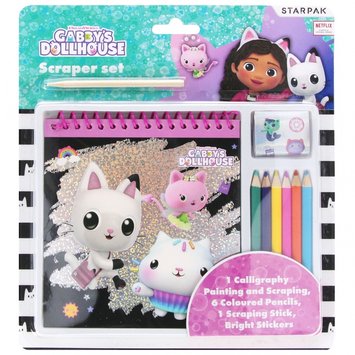 Set creativ Gabby's Dollhouse, 26x23x2cm, 6 creioane, 1 rola autocolante, 1 stick pentru scrijelire