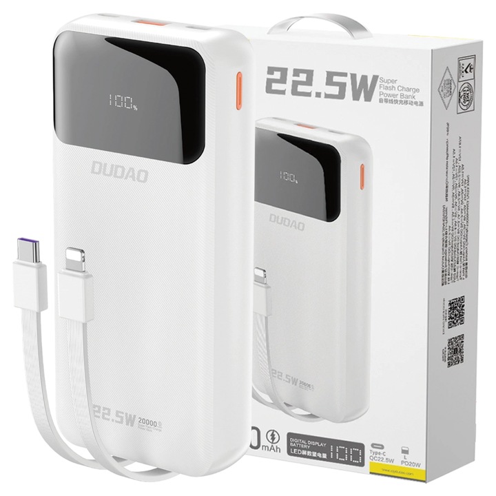 Dudao K15Pro 20000mAh 22.5W fehér külső akkumulátor integrált Lightning USB-C kábellel