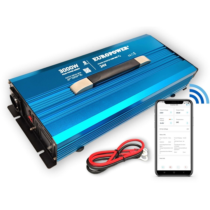 Inverter EuroPower, 24V DC / 230V AC 3000W / 6000W, sinus curat, Bluetooth, albastru