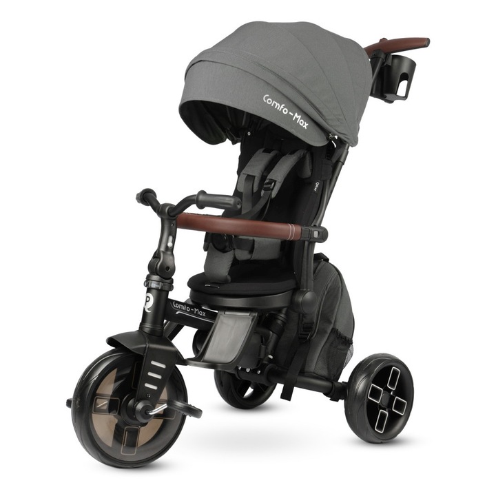 Tricicleta QPlay Comfo Max, 3-in-1, cu scaun rotativ 360°, culoare gri, pentru copii 10-72 luni