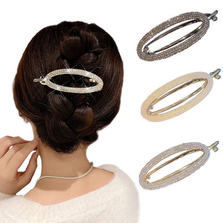 Set 3 clame Ovale cu strasuri, DANATI, cu coada de peste, la moda, accesorii de par din aliaj de zinc cu strasuri, Negru, Argintiu, Auriu 9.5x4cm