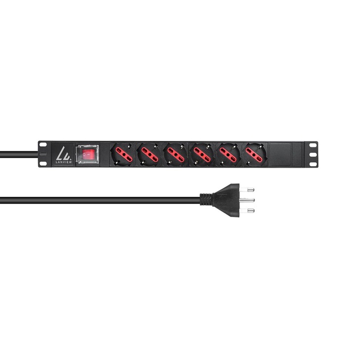 Switch fara management Lanview 1U 19" 6-porturi cu intrerupator, cablu de alimentare 2M