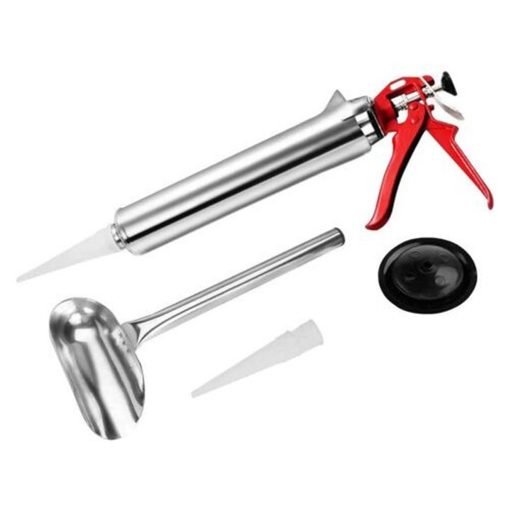 Set pistol de injectare chit inox, 45x22x8 cm, 2 duze, lingura, opritor cauciuc