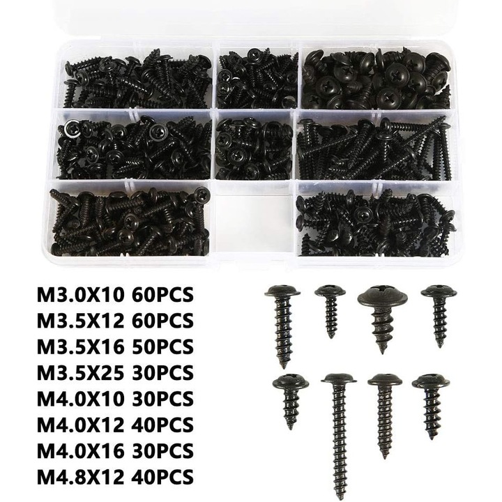 Cap cilindric cu finisaj negru cu saiba, suruburi autofiletante din otel carbon, suruburi cu cap napolitan, 340 buc, rezistent la coroziune, dimensiuni multiple incluse, perfect pentru proiecte industriale si casnice