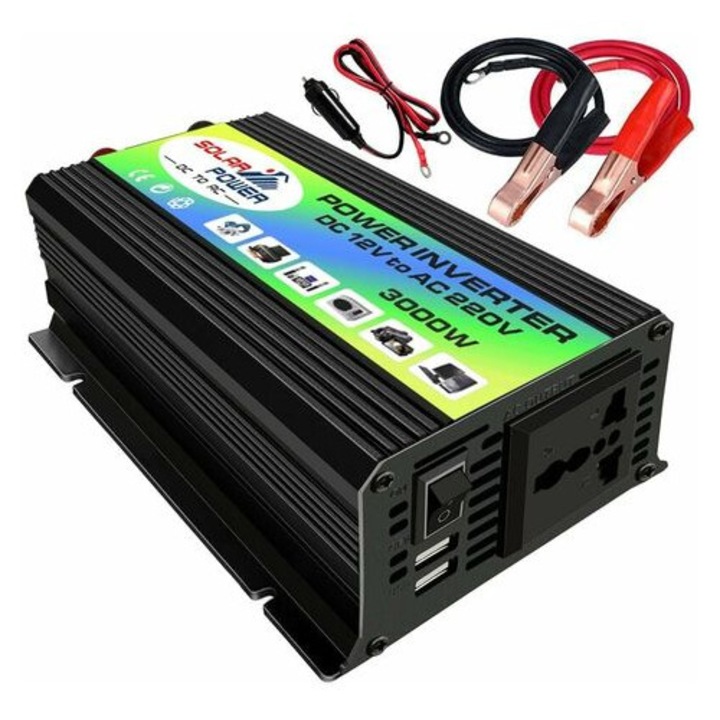 Invertor putere, 3000W, unda sinus modificata, negru, 12V-220V
