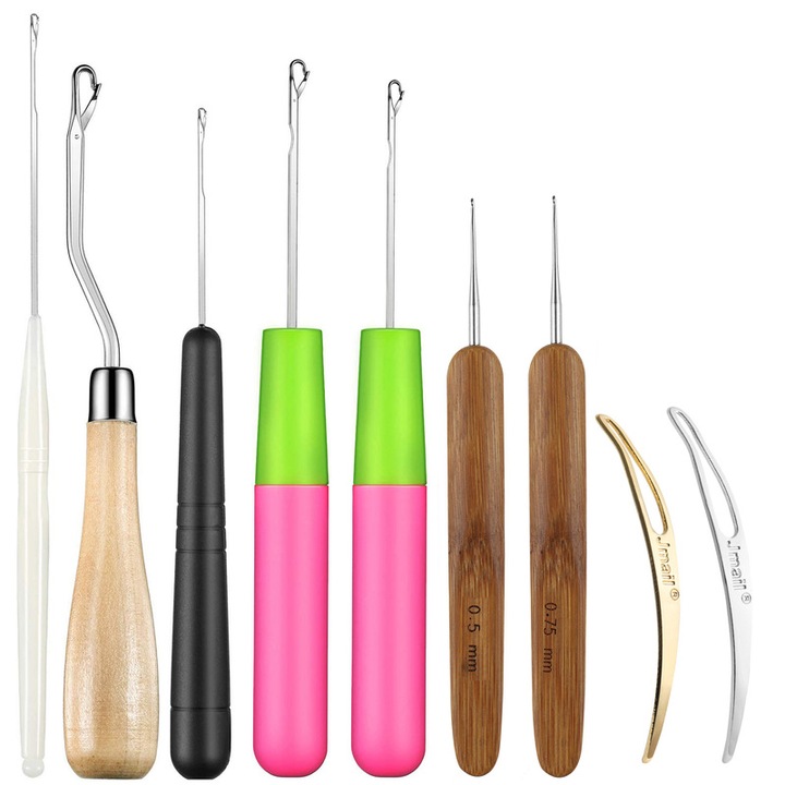 Set 9 unelte pentru impletit par dreadlocks, plastic, bambus, diverse marimi