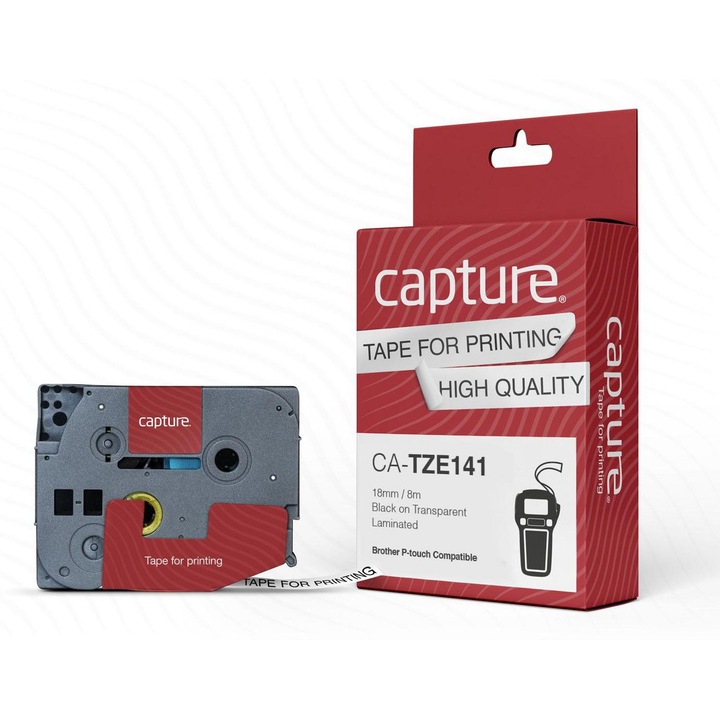 Banda de etichetare Capture, 18mm x 8m, neagra pe transparenta