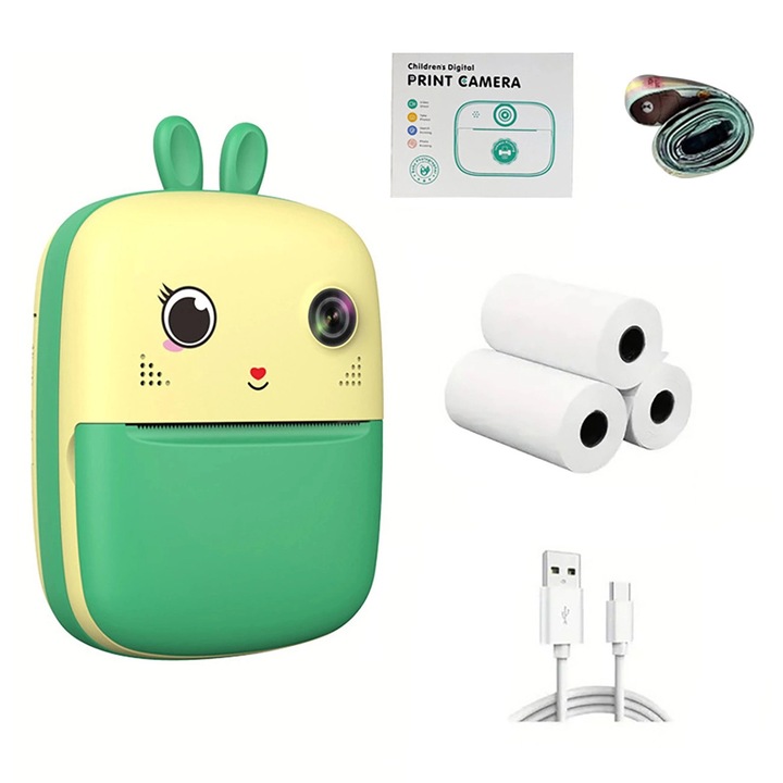 Mini imprimanta termica pentru copii cu camera foto si video, verde, 13,2x4,5x9,1cm, set cu 3 role de hartie termica
