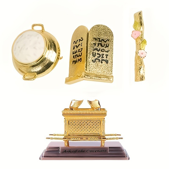 Mini Arca Legamantului Model Statuie placata cu aur, cu Toiagul lui Aaron, Vasul Mannei, Tablete, Decoratiune clasica pentru casa Figurina decorativa religioasa, 11.2x5.8x7.3cm