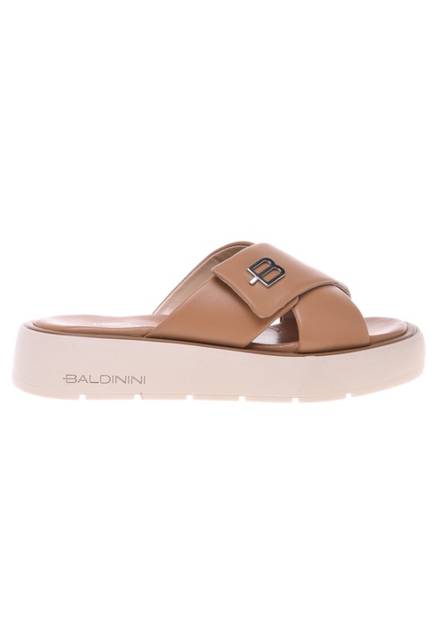 Baldinini, Papuci de piele cu logo metalic, Caramel, 40.5
