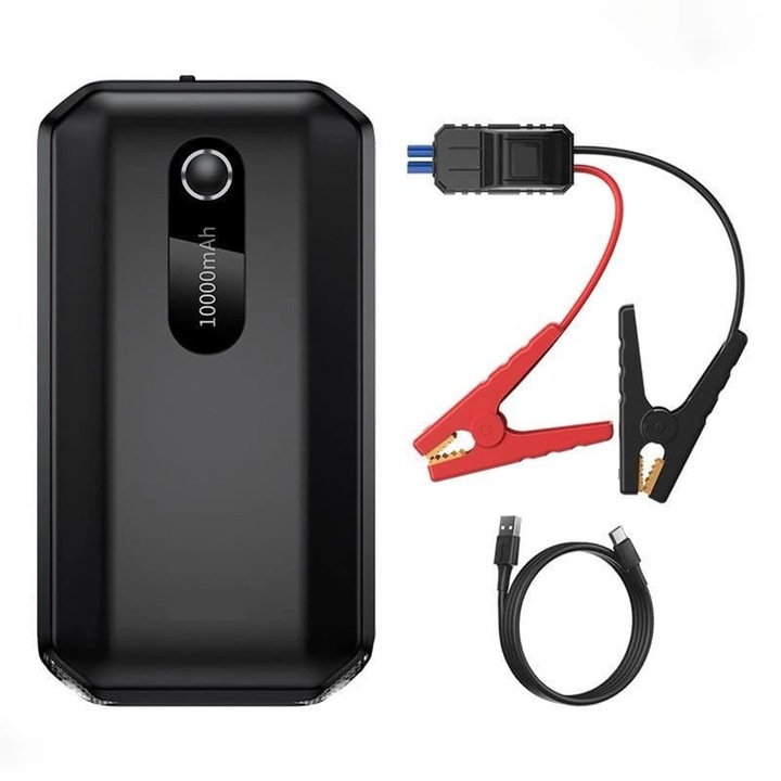 Redresor Jump Starter SOHO Power Air, Power Bank 10000mAh, 1000A, USB Type-C, cu Clesti de Pornire si Lanterna Incorporata, Negru