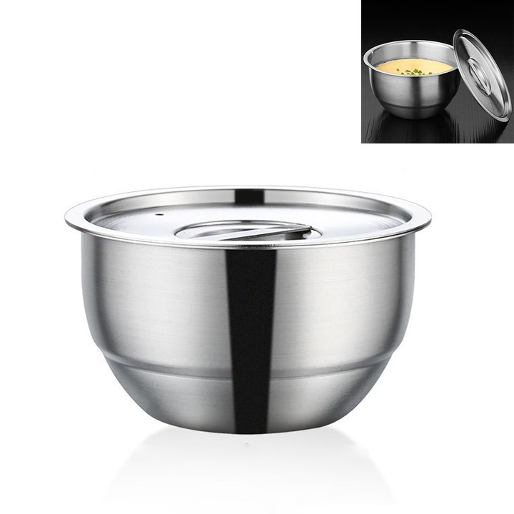 Bol inox cu capac pentru amestecat si servit, rezistent la zgarieturi, 15x10cm
