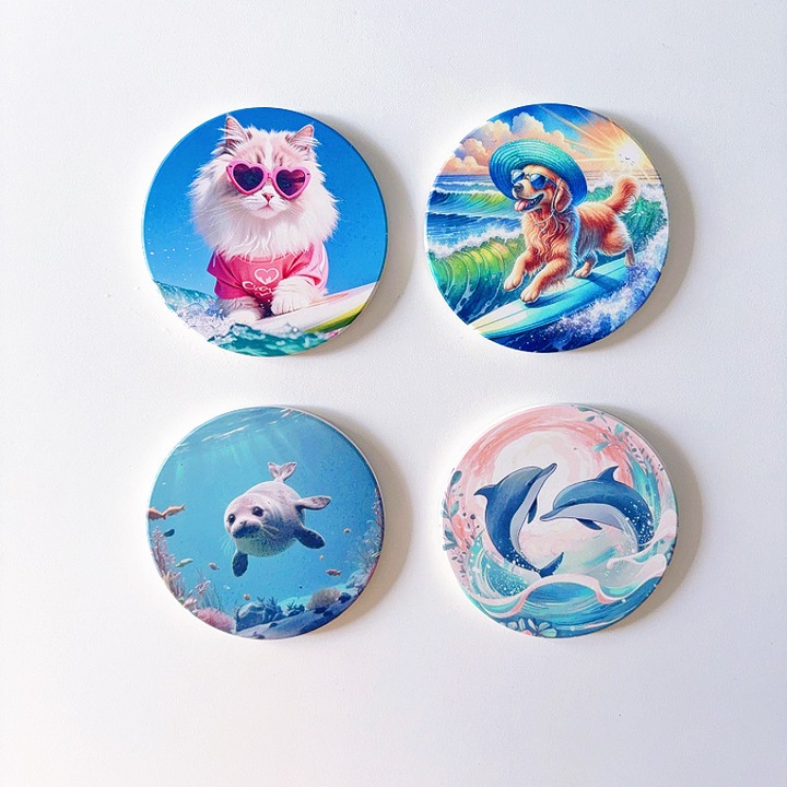 Set de 4 Suporturi pentru Pahare din Pluta si Ceramica, Diametru 10cm, Multicolor